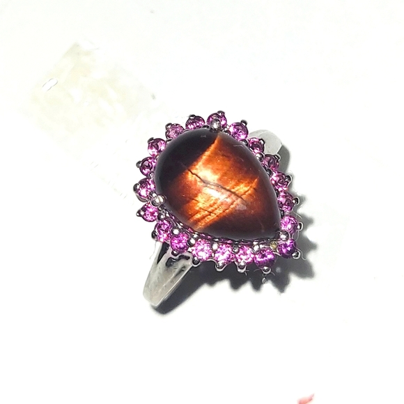 Ring 5 Tiger eye w Pink Crystal Halo Sterling silver - Picture 2 of 6